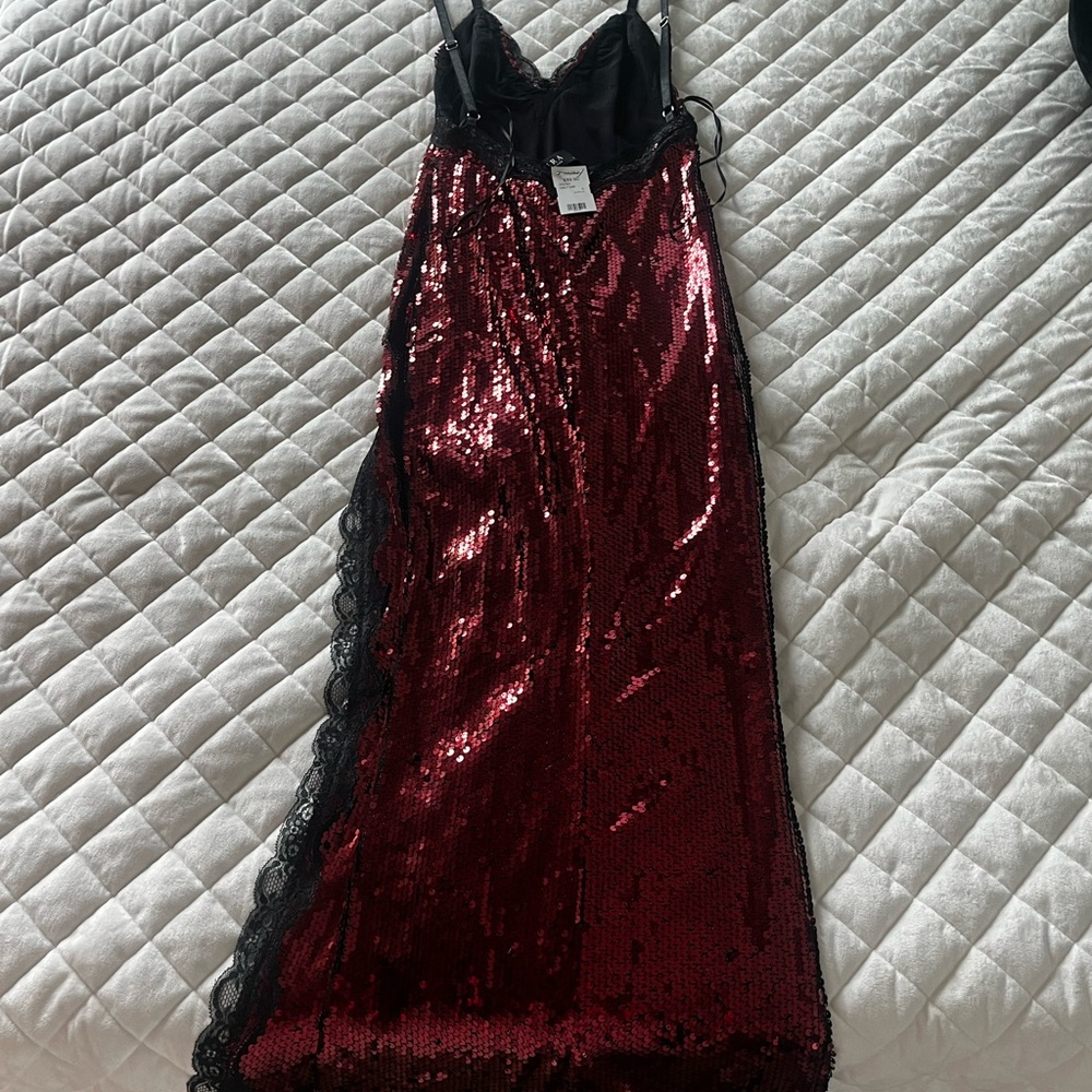 AKIRA Red Sequin Maxi Slip Dress with Black Lace Trim - Picture 5 of 6
